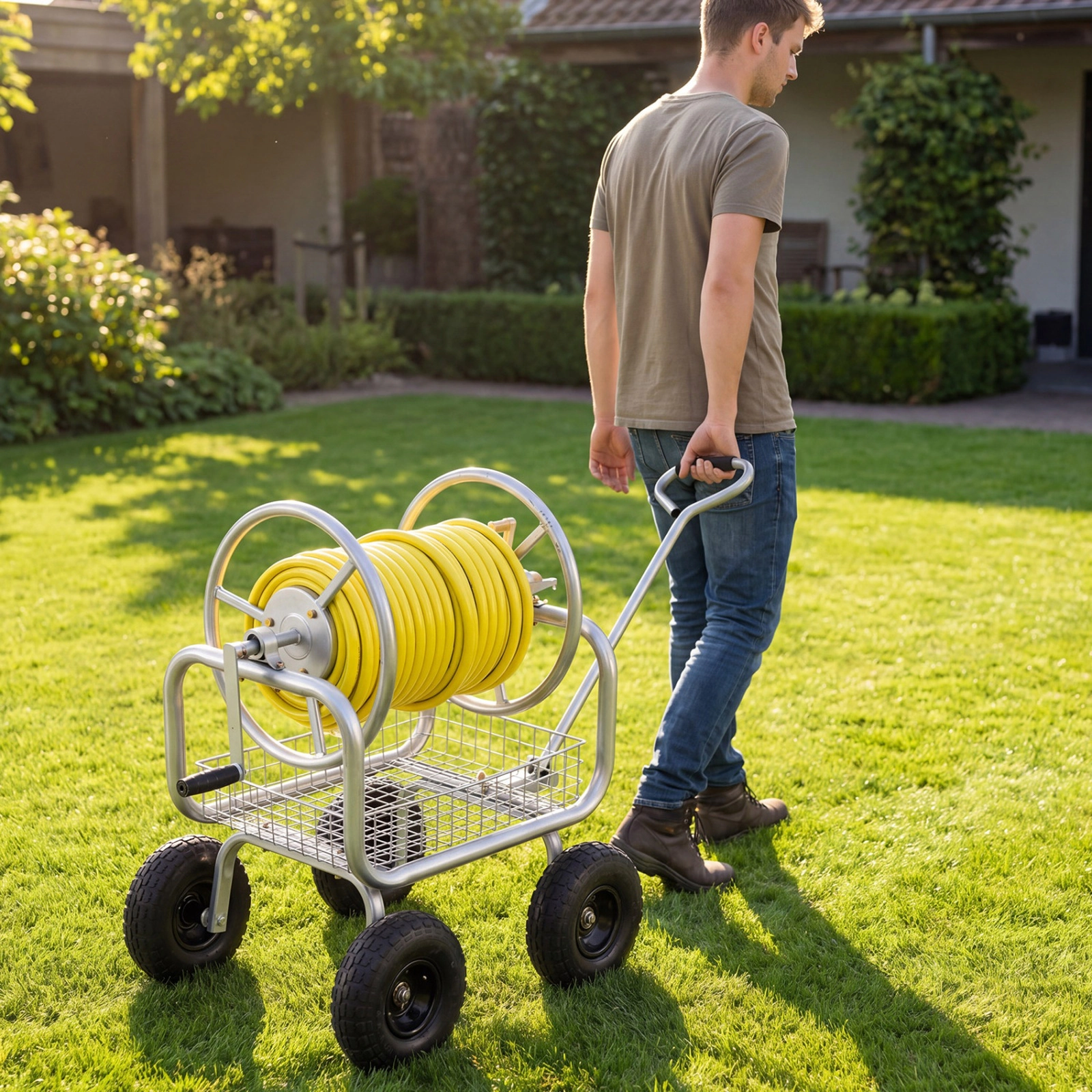 SUGIFT Green Garden Hose Reel Cart with Air-Filled Tires and Storage Basket 25-in W 21.5-in D 43-in H