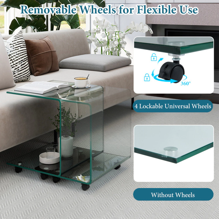 Hivvago C-Shaped End Table Modern Tempered Glass Side With Shelf