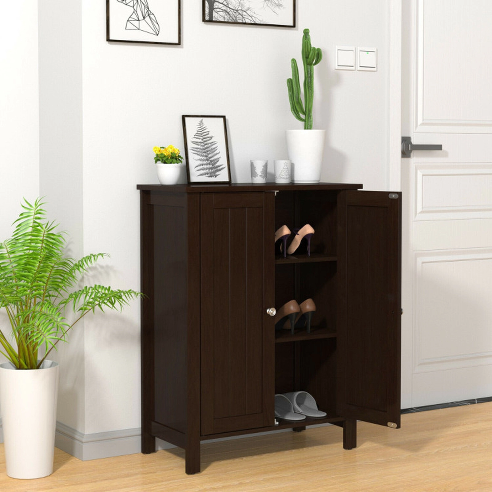 SUGIFT Brown 2-Door 66-lb Capacity Bathroom Floor Storage Cabinet with 2-Tier Shelves and 6 Adjustable Positions