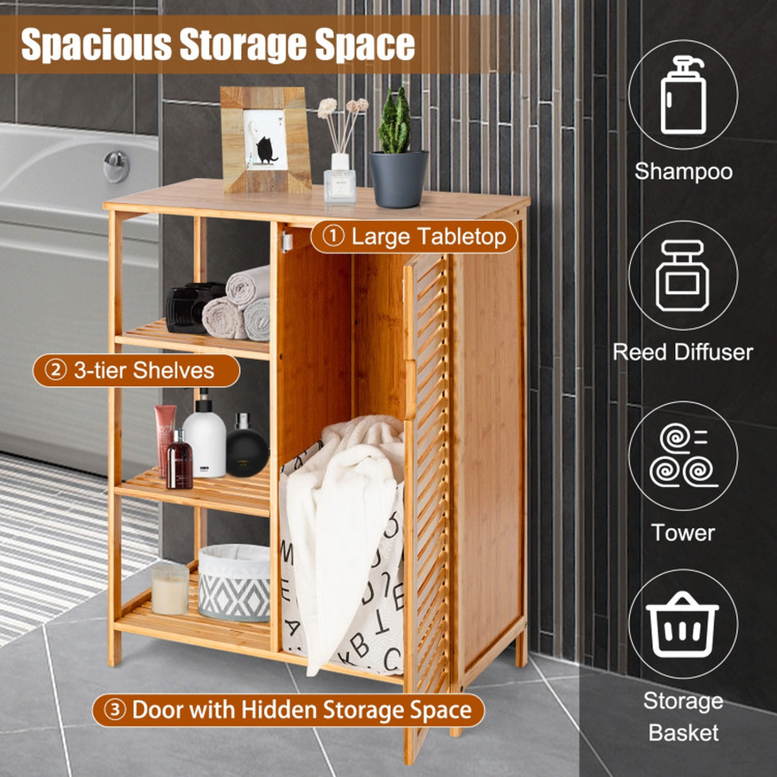 SUGIFT Natural 110-lb Top Capacity Bamboo Bathroom Storage Cabinet with Single Louvered Door and 3 Shelves