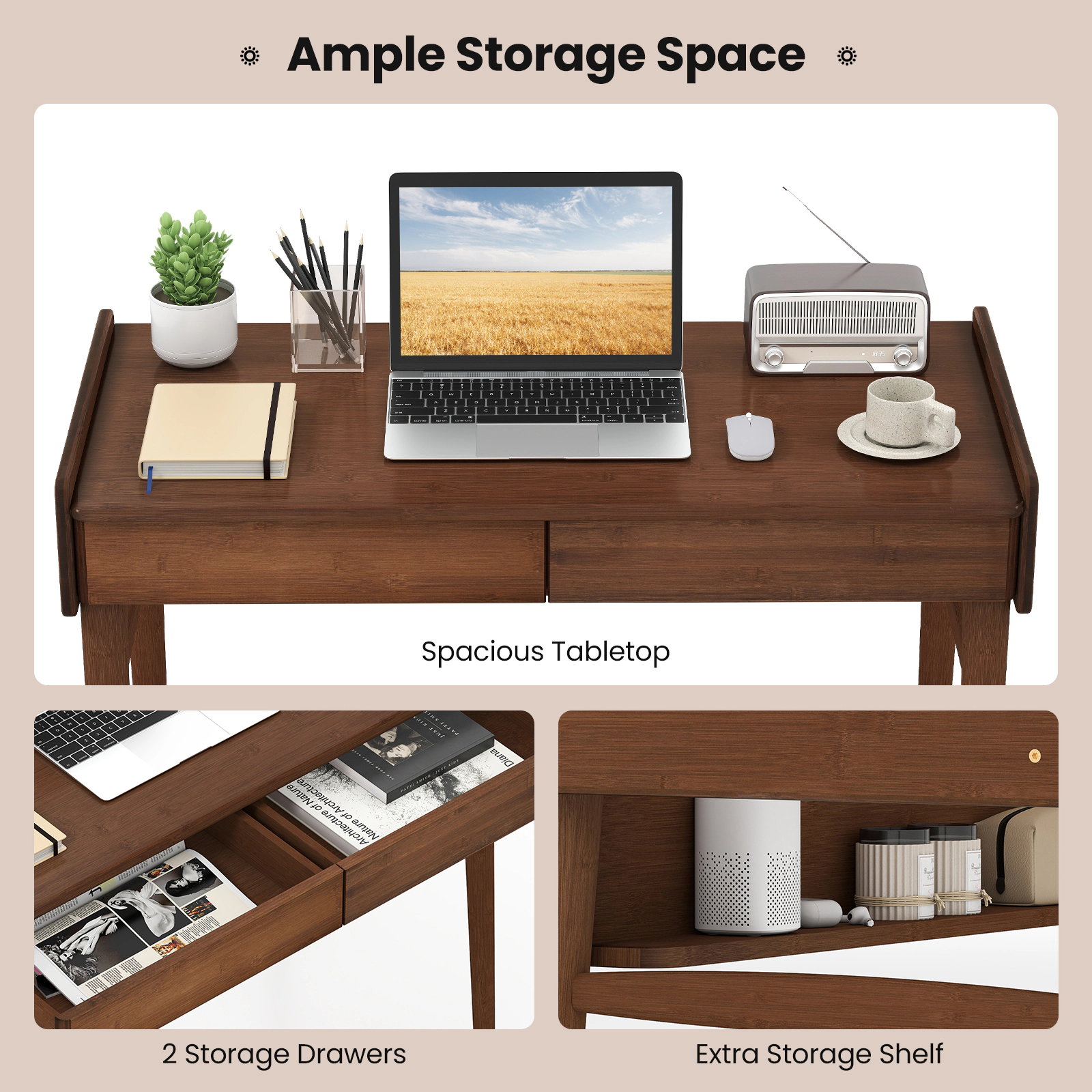 SUGIFT 39.5 in Bamboo Writing Desk Walnut with 2 Storage Drawers and Open Shelf