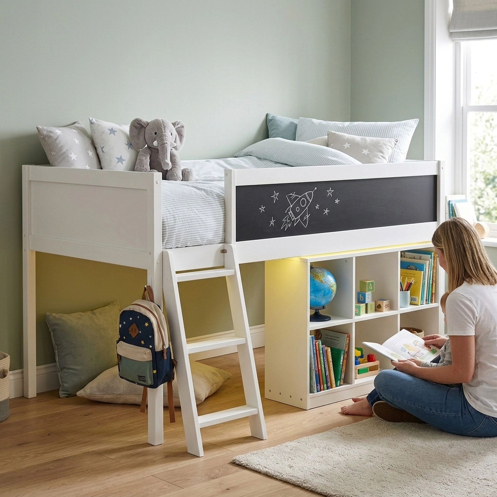 SUGIFT Twin Low Loft Bed with RGB LED Lights, Rolling Bookcase and Chalkboard, White