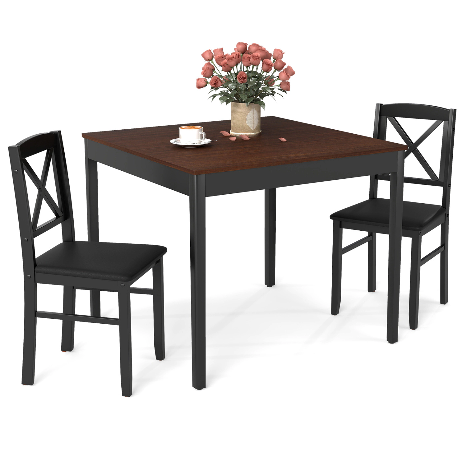 LJG 3-Piece Dining Table Set Wooden Square Kitchen for 2 People
