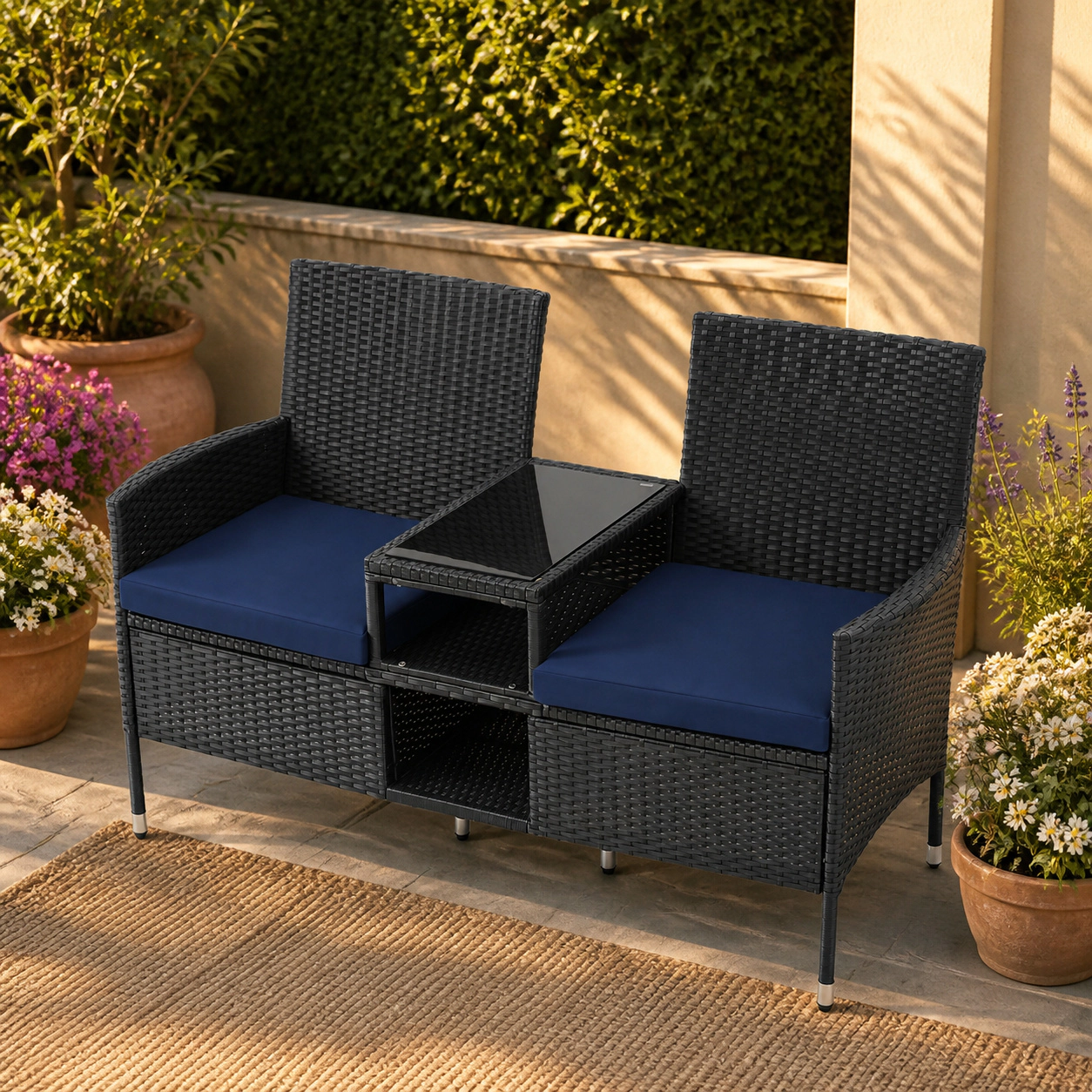SUGIFT Navy Outdoor Wicker Loveseat with Built-In Glass Table and 2 Shelves