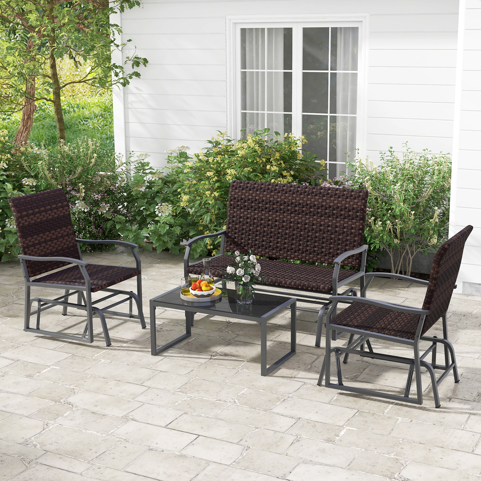 SUGIFT 4-Piece Mix Brown Patio Glider Set with Loveseat, 2 Chairs and Glass Table