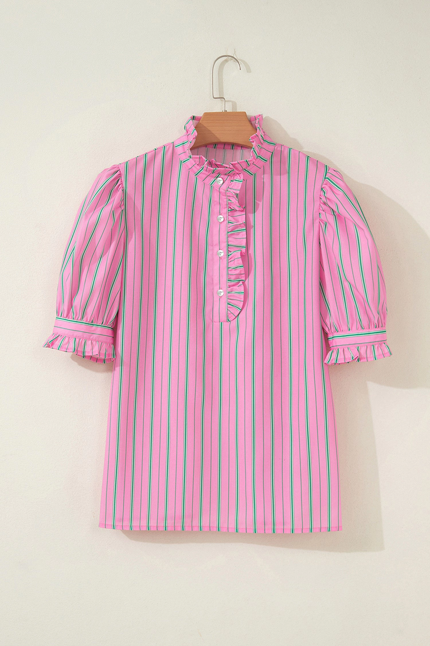 Threaded Pear Womens Tiffany Short Puff Sleeve Blouse - Pink Stripe
