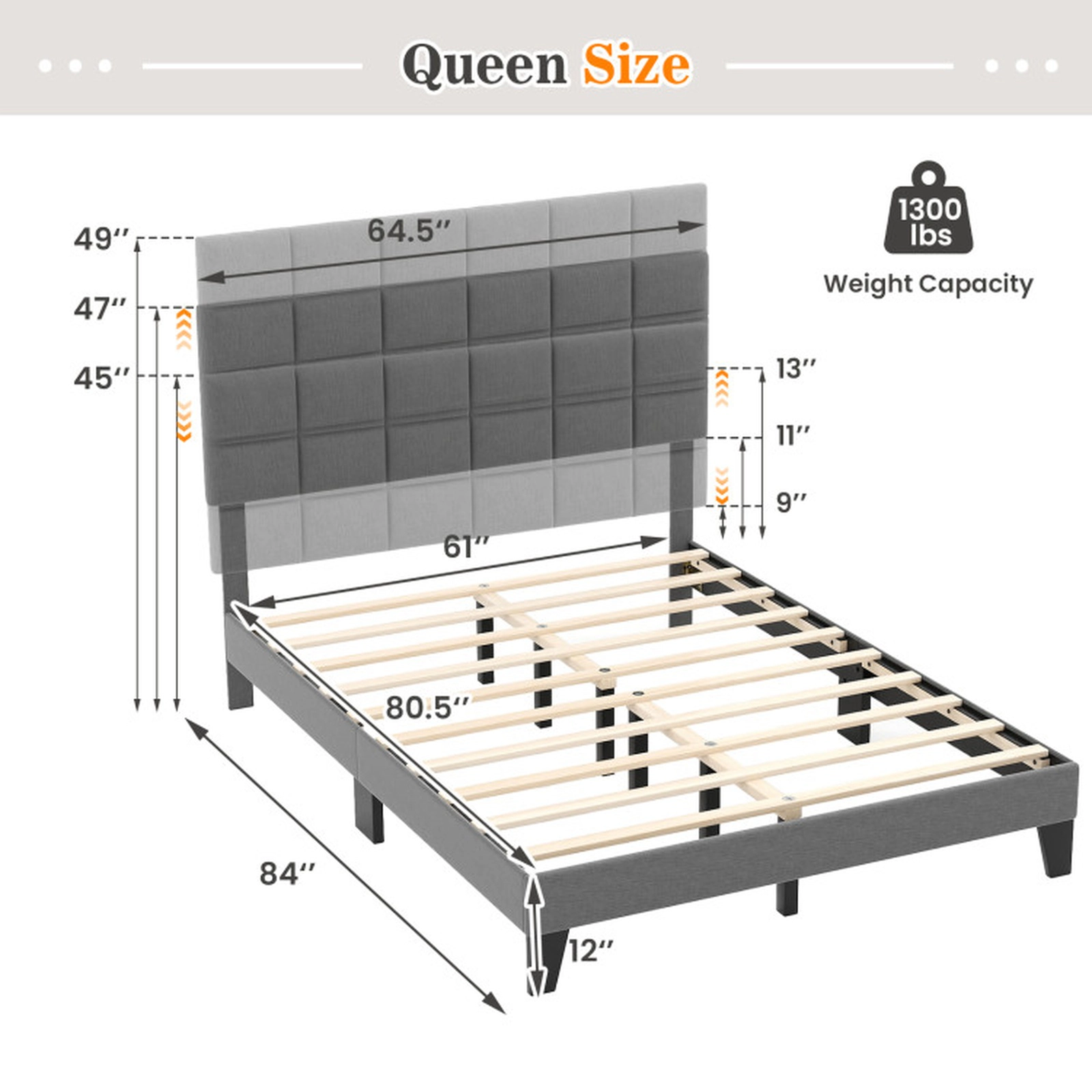 SUGIFT Gray Height Adjustable Quilted Headboard Linen Upholstered Bed Frame