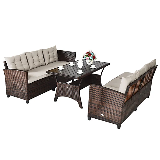 Hivvago 3 Pieces Hand-Woven Rattan Outdoor Sofa Set With Dining Table