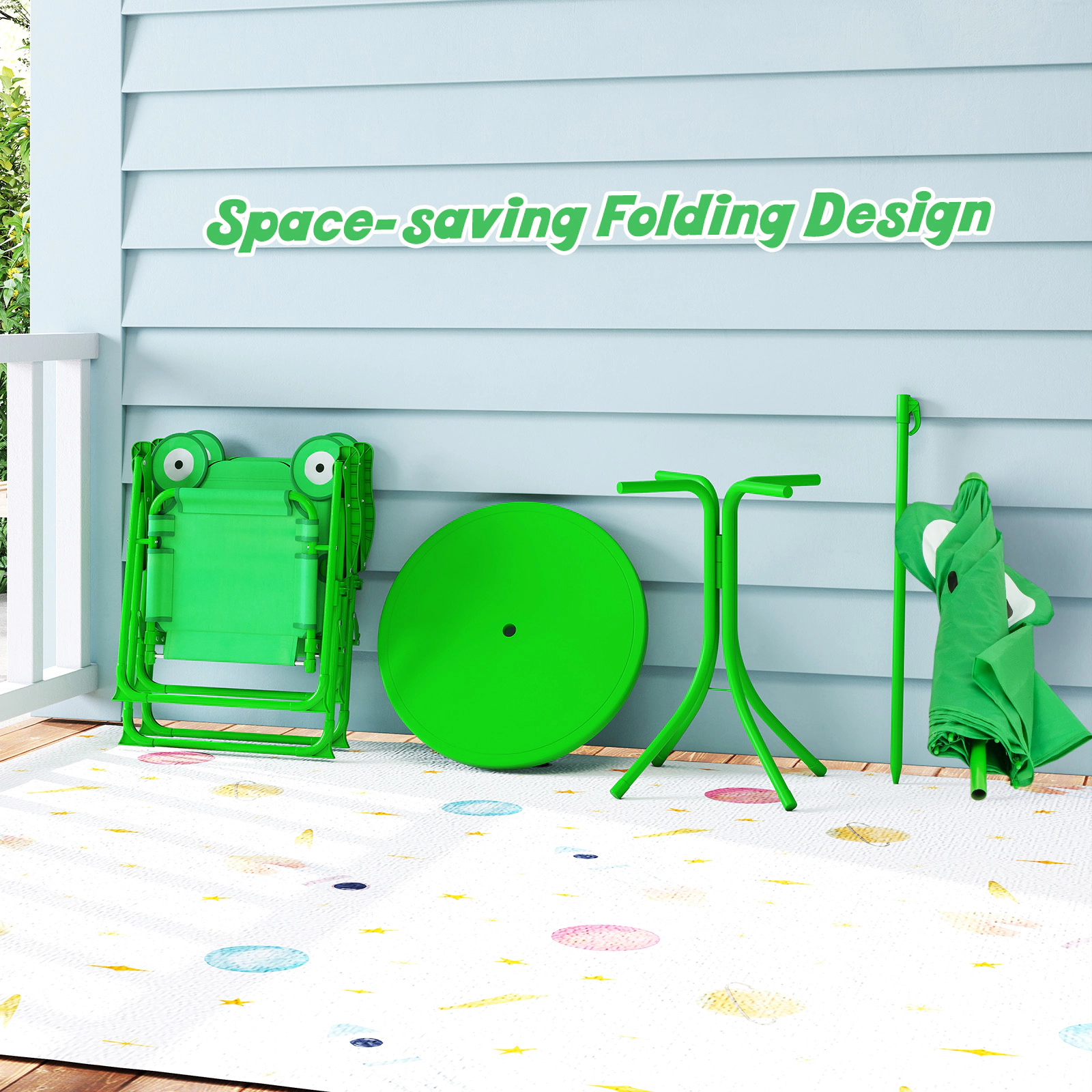 SUGIFT Kids Picnic Table Set, 4-Piece Green Folding Set with 2 Chairs and Removable Umbrella