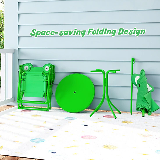 SUGIFT Kids Picnic Table Set, 4-Piece Green Folding Set with 2 Chairs and Removable Umbrella