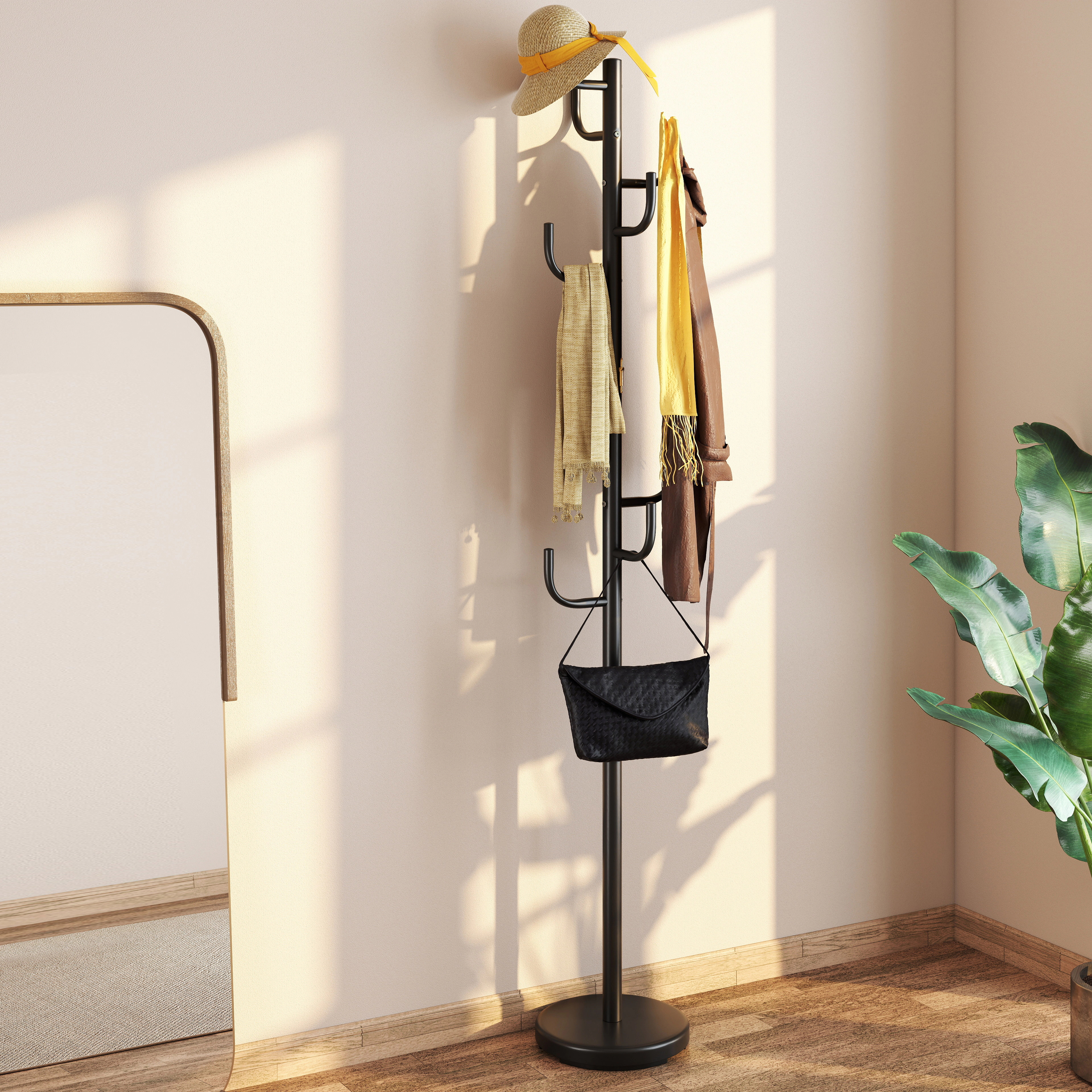 SUGIFT Black 69-in Tall Freestanding Metal Coat Rack Hat Tree with 8 Hooks and Weighted Round Base