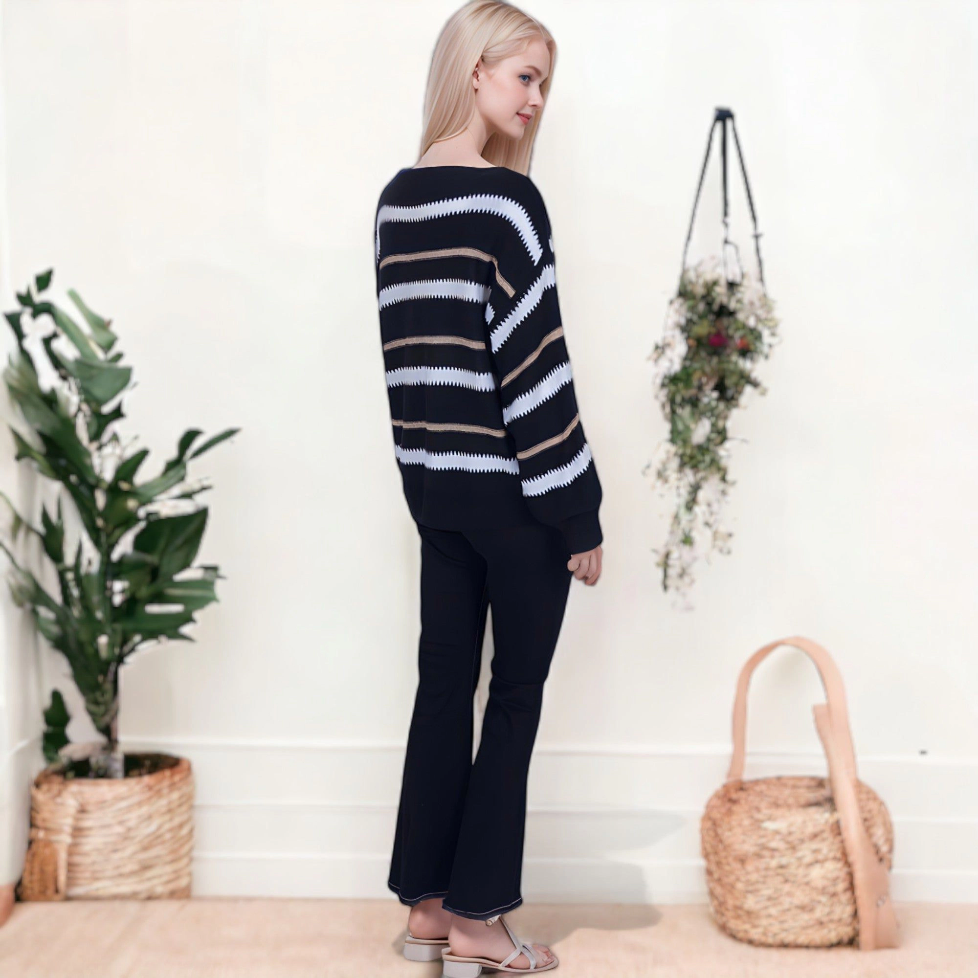 Anna-Kaci Women's Sweaters Long Sleeve Crew Striped Oversized Knitted Pullover Tops for Everyday Wear