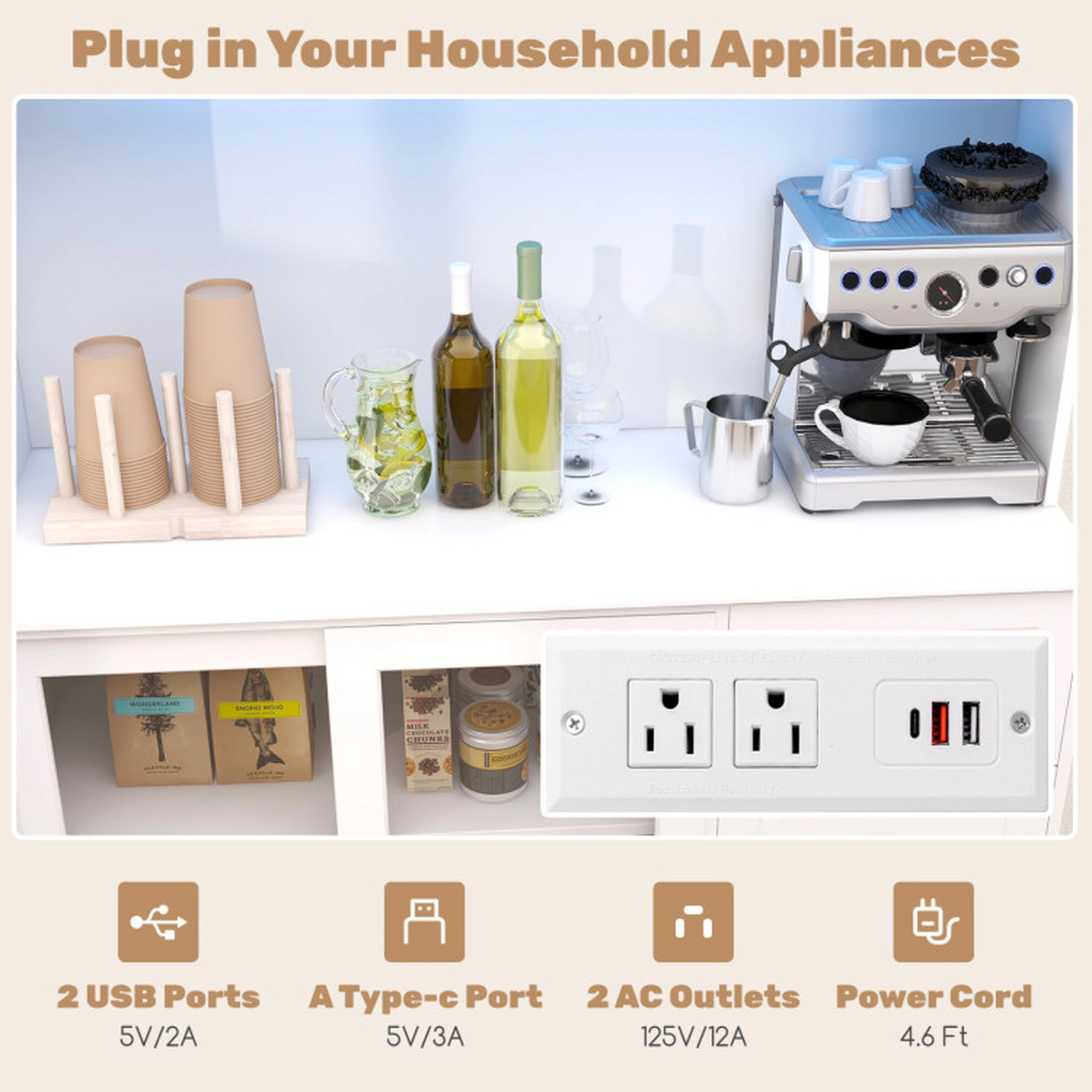 SUGIFT 73-in LED Lights Power Outlets 3 Drawers Glass Door Kitchen Pantry Hutch 47-in x 17.5-in 320-lb Capacity White