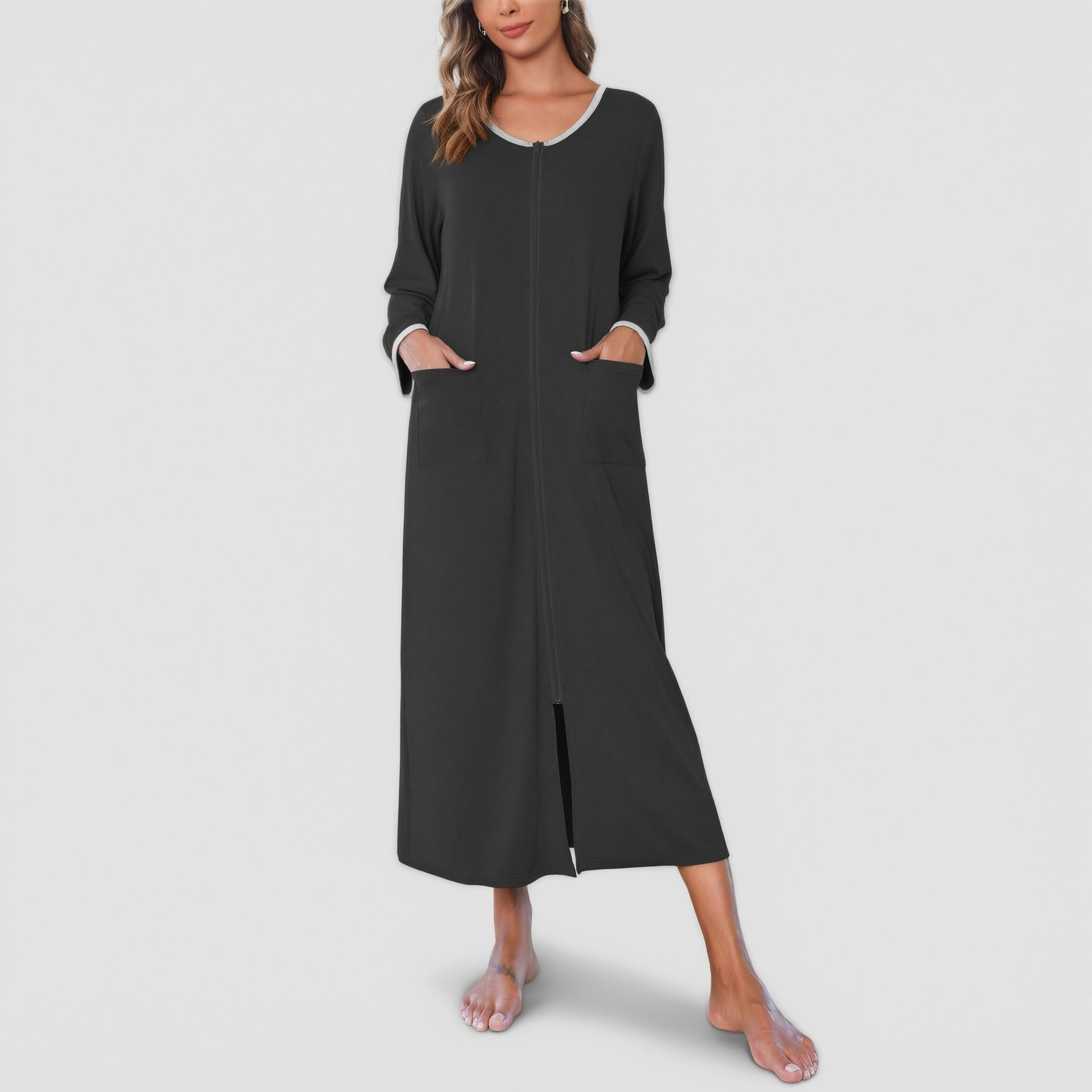 Ekouaer Women Long House Coat Zipper Front Robes Full Length Nightgowns with Pockets Striped