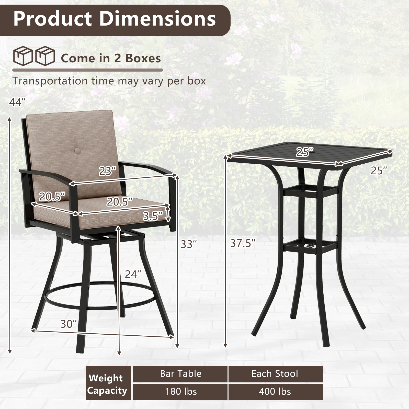 SUGIFT Swivel Patio Bar Set with 180-lb Table Capacity and 400-lb Stools with Cushions and 1.57-in Umbrella Hole Brown