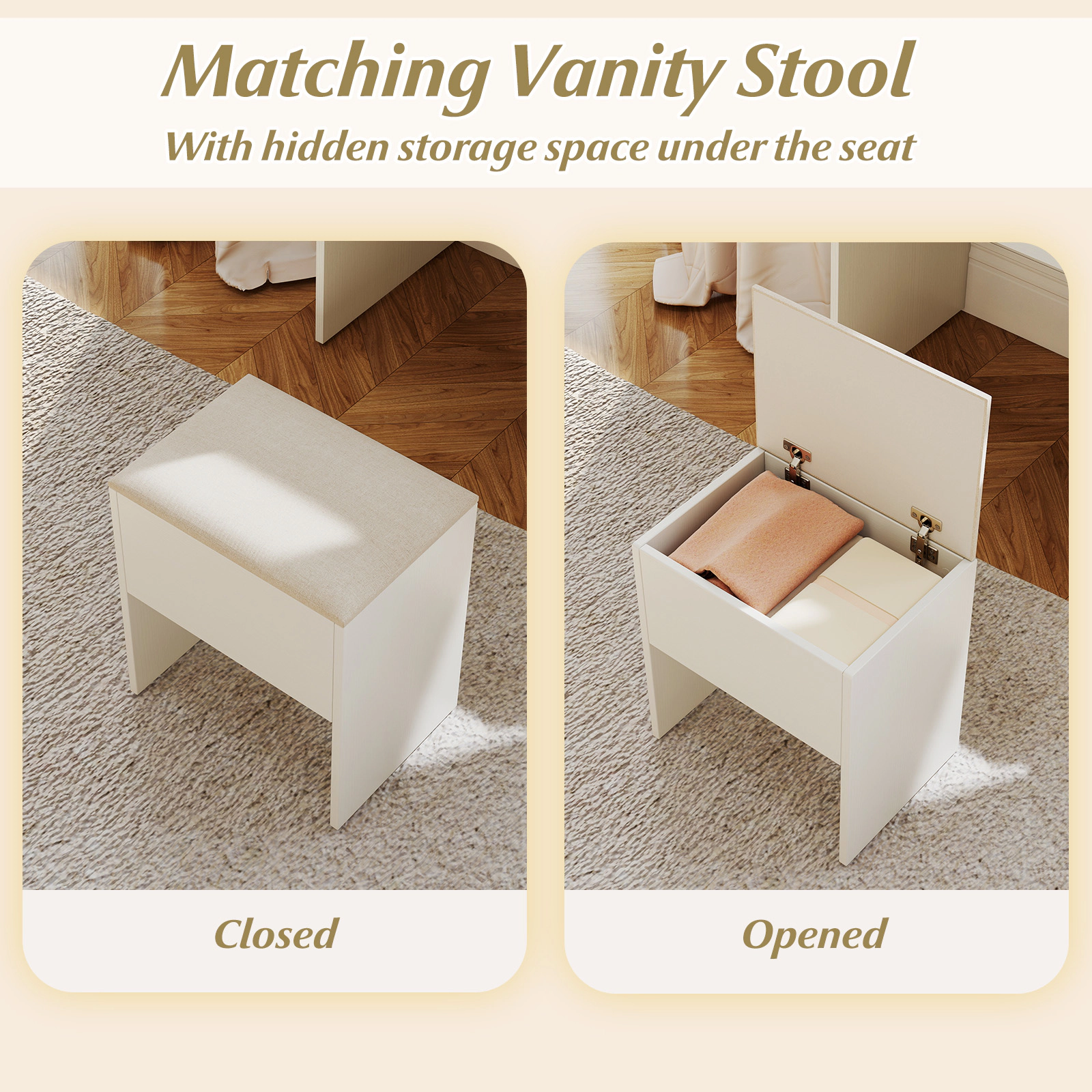 SUGIFT Vanity Desk White with Lighted Mirror Stool Power Outlets and 2 Drawers
