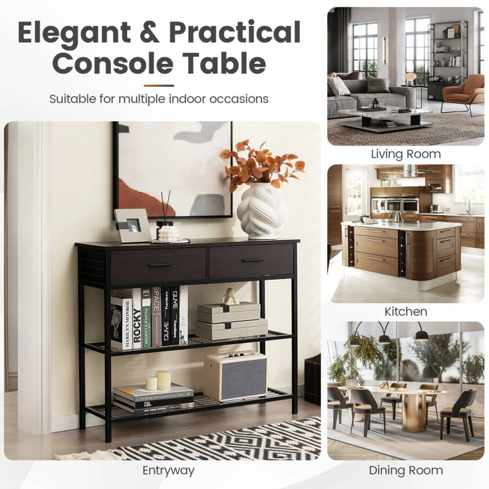 SUGIFT Entryway Table with 2 Drawers and 2-Tier Metal Shelves 88-Lb Tabletop Capacity Dark Brown