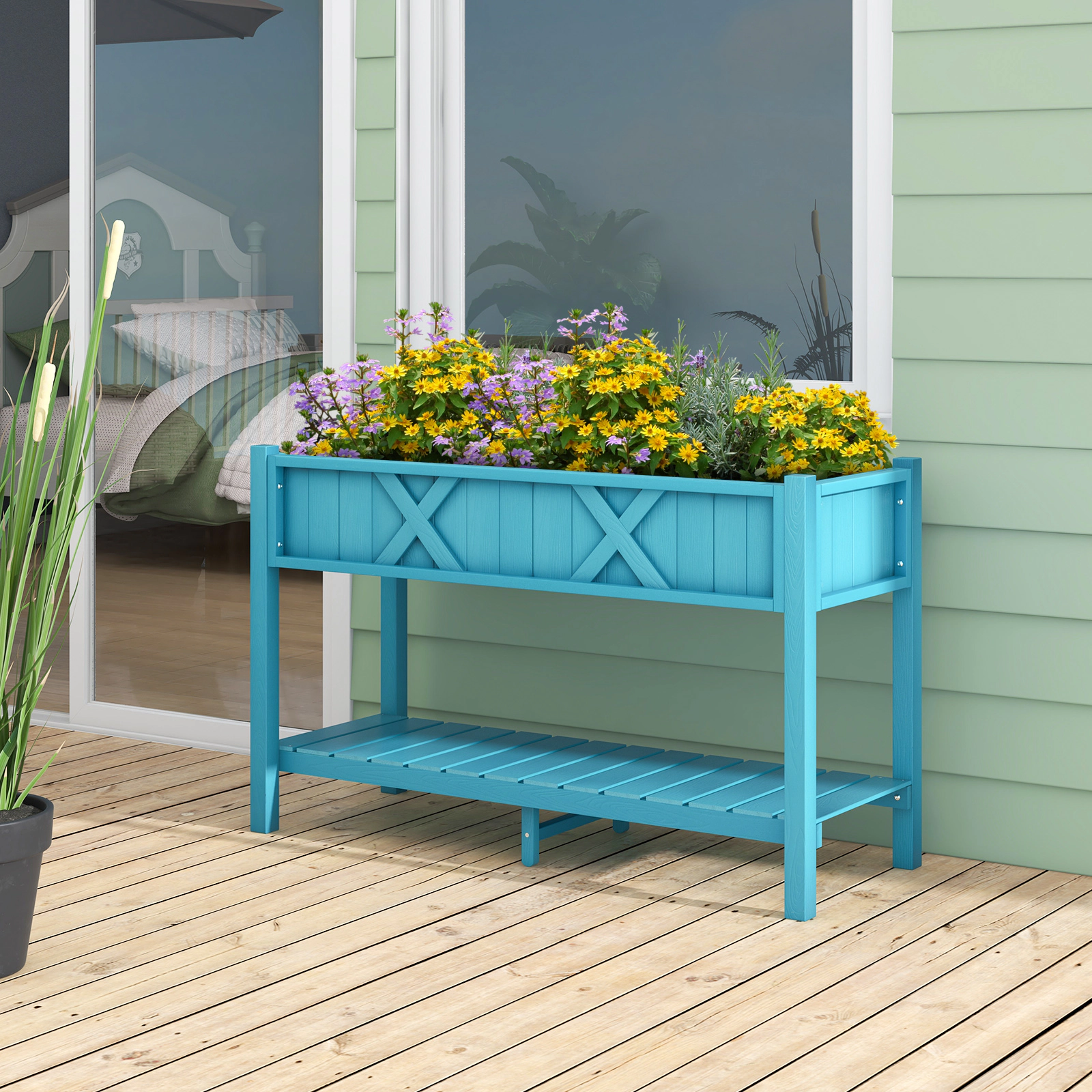SUGIFT Poly Wood Elevated Planter Box with Legs and Storage Shelf 110-lb Planter 66-lb Shelf Blue