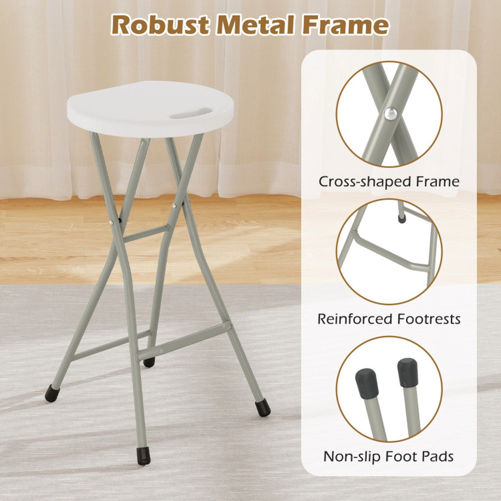 SUGIFT 28-In Portable Folding Stool Patio Dining Chair 330-Lb Capacity with Footrest 28-In Tall Set of 1 White