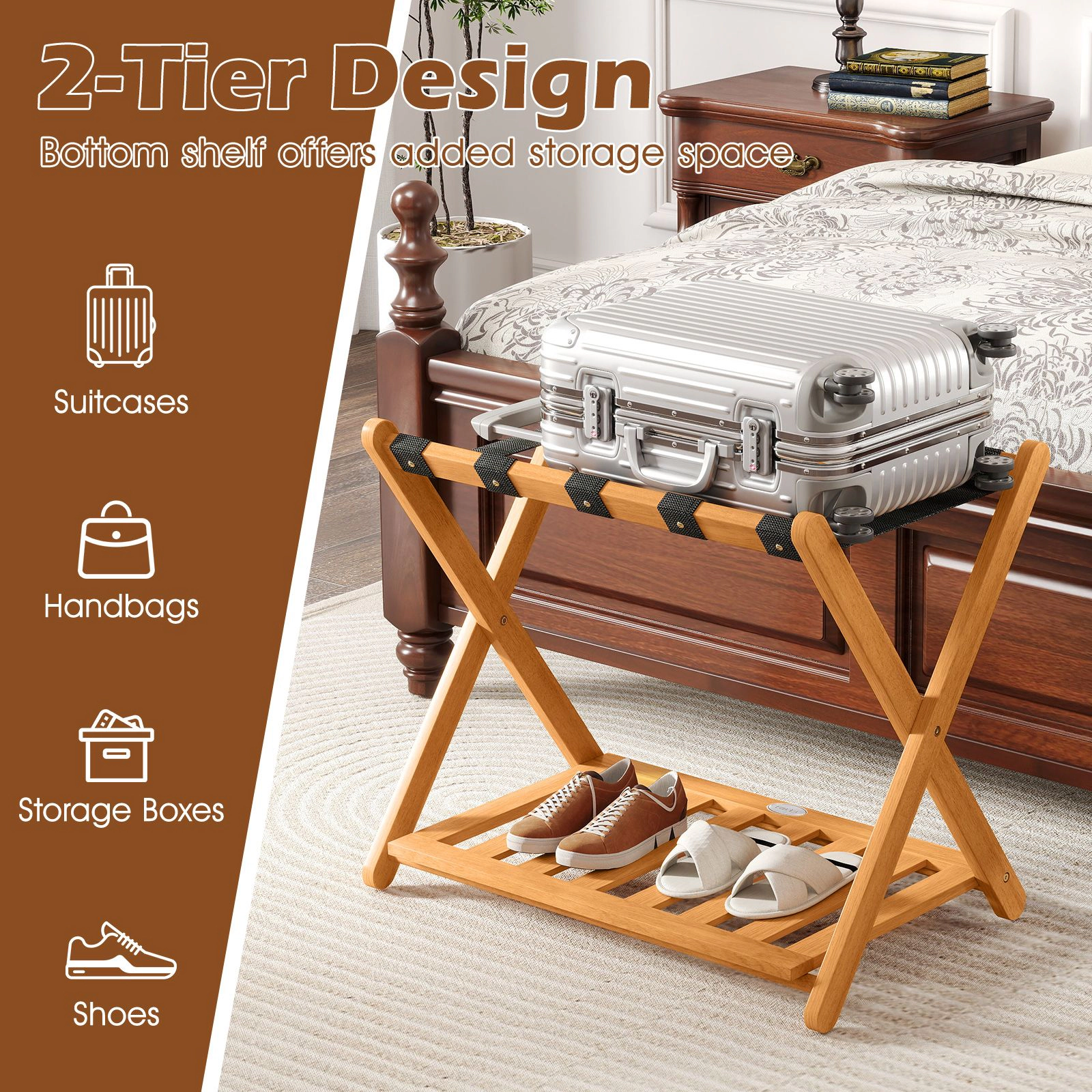 SlickBlue Set of 2 Folding Luggage Racks Acacia Wood Suitcase Stand with Shelf