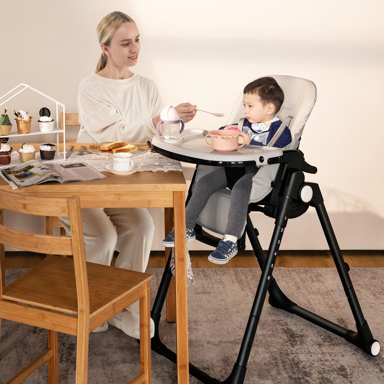 SUGIFT Gray 6 Adjustable Heights Aluminum Frame and Rolling Wheels 4-in-1 Baby High Chair