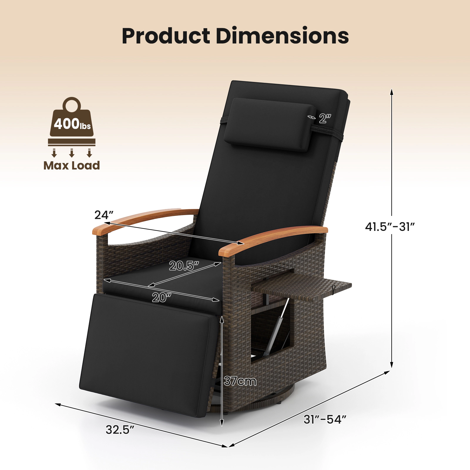 SUGIFT Patio Rattan 360° Swivel Recliner Chair with 150° Adjustable Backrest and Footrest 400-lb Capacity Black