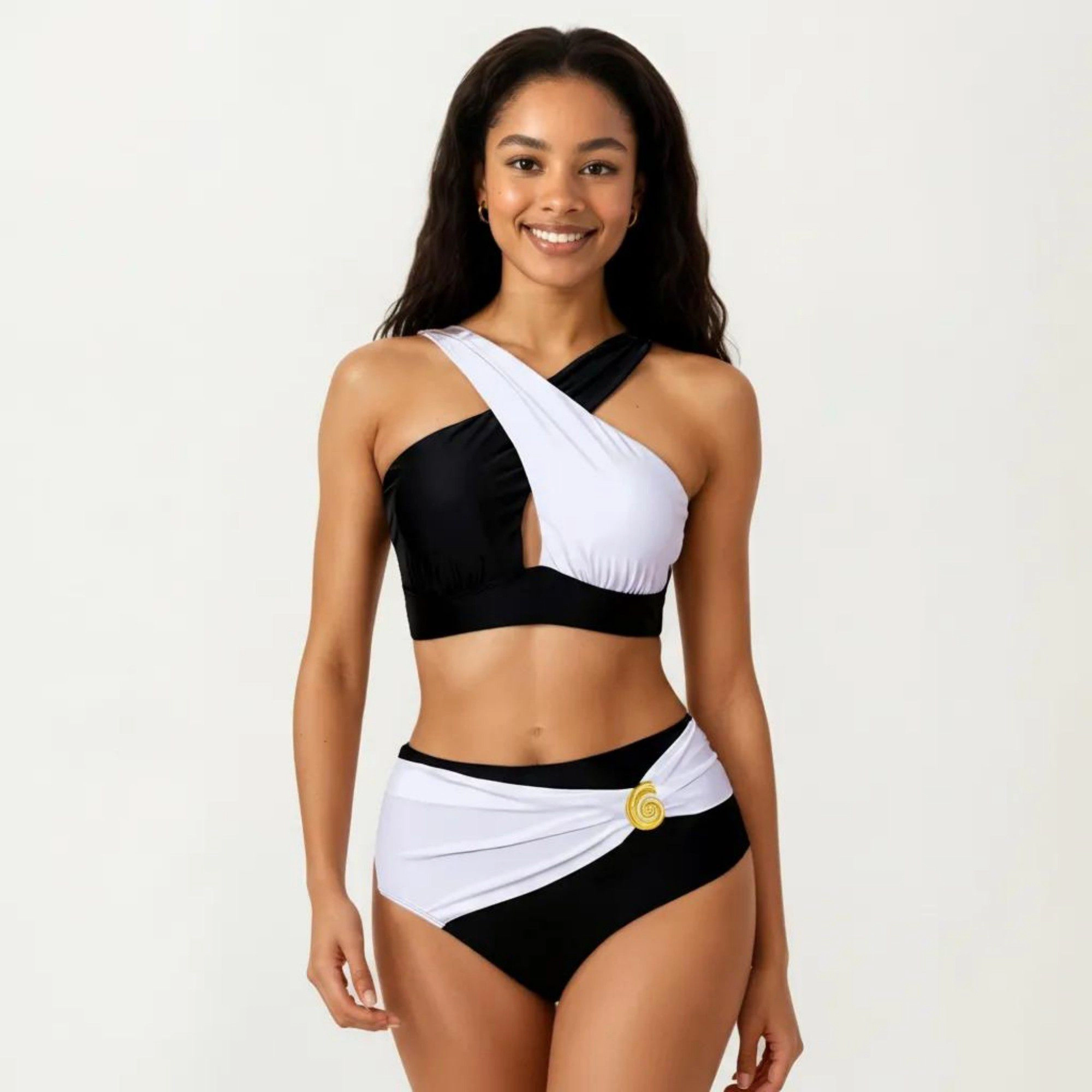Anna-Kaci Women's 2-Piece Bikini Set with Cross Front Strap Color Block Top Cutout Detail High Waisted Bottom
