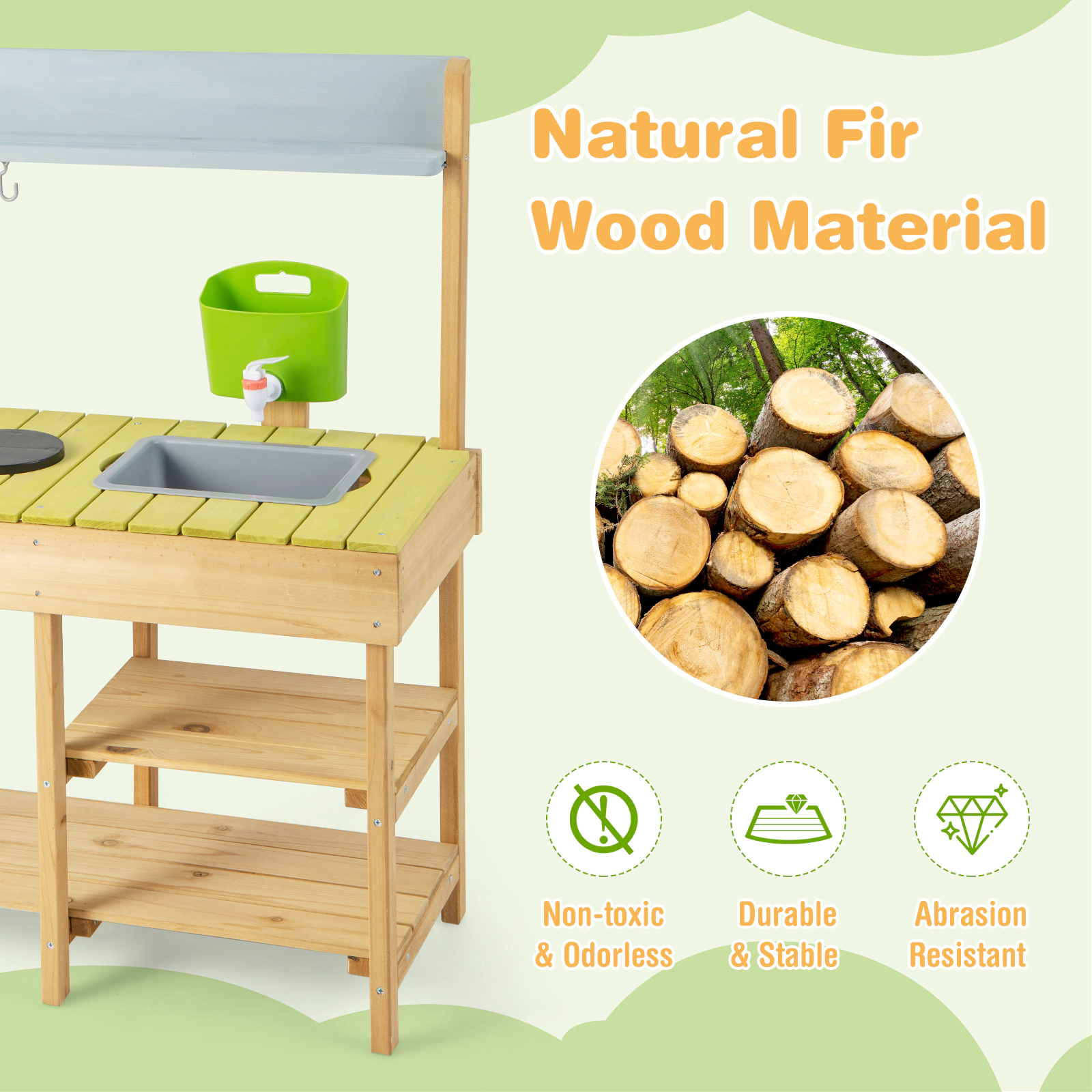 SUGIFT Natural Stove Top and Storage Shelves Backyard Kids Wooden Pretend Play Kitchen