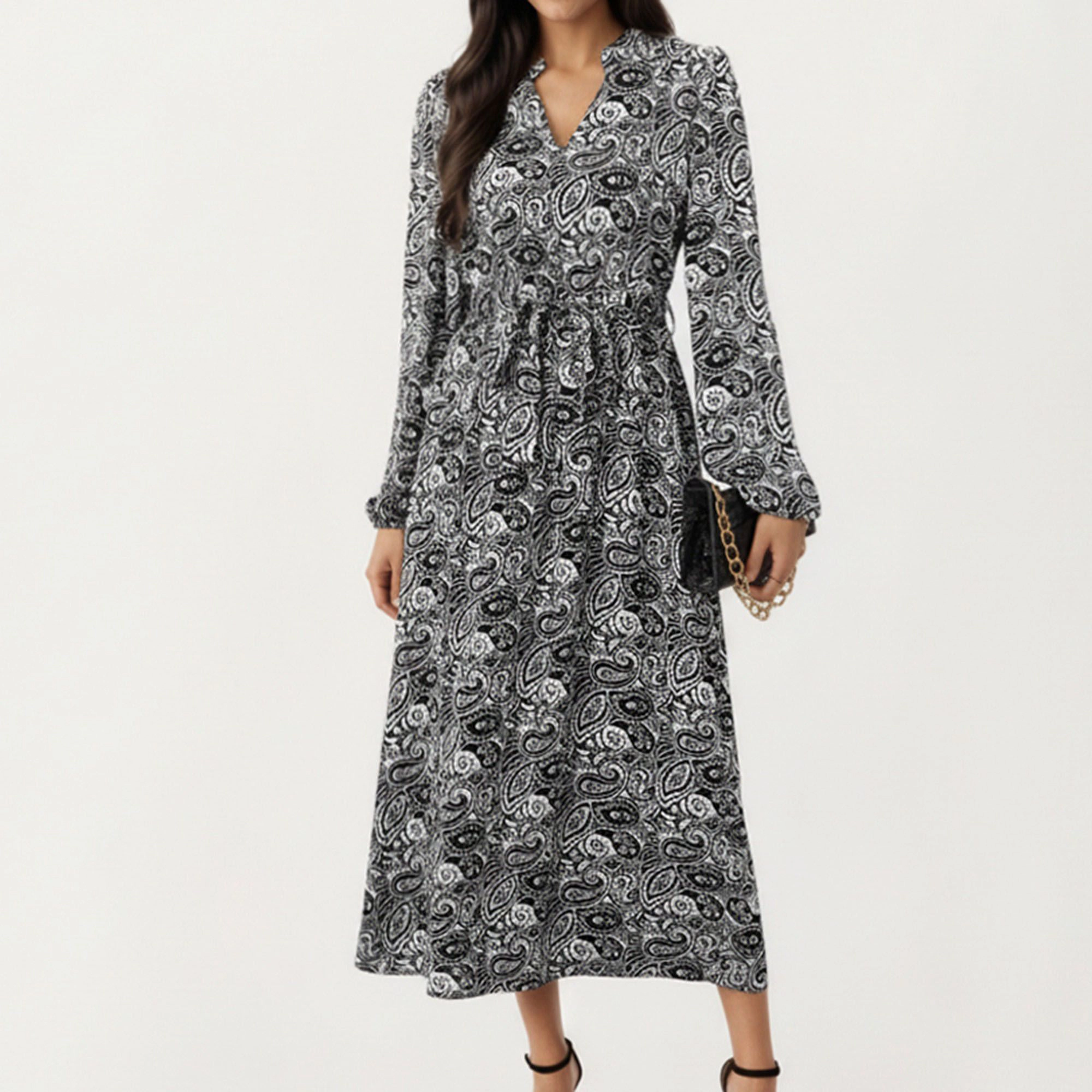 Anna-Kaci Women's Black Paisley Print Long Sleeve V Neck Dress