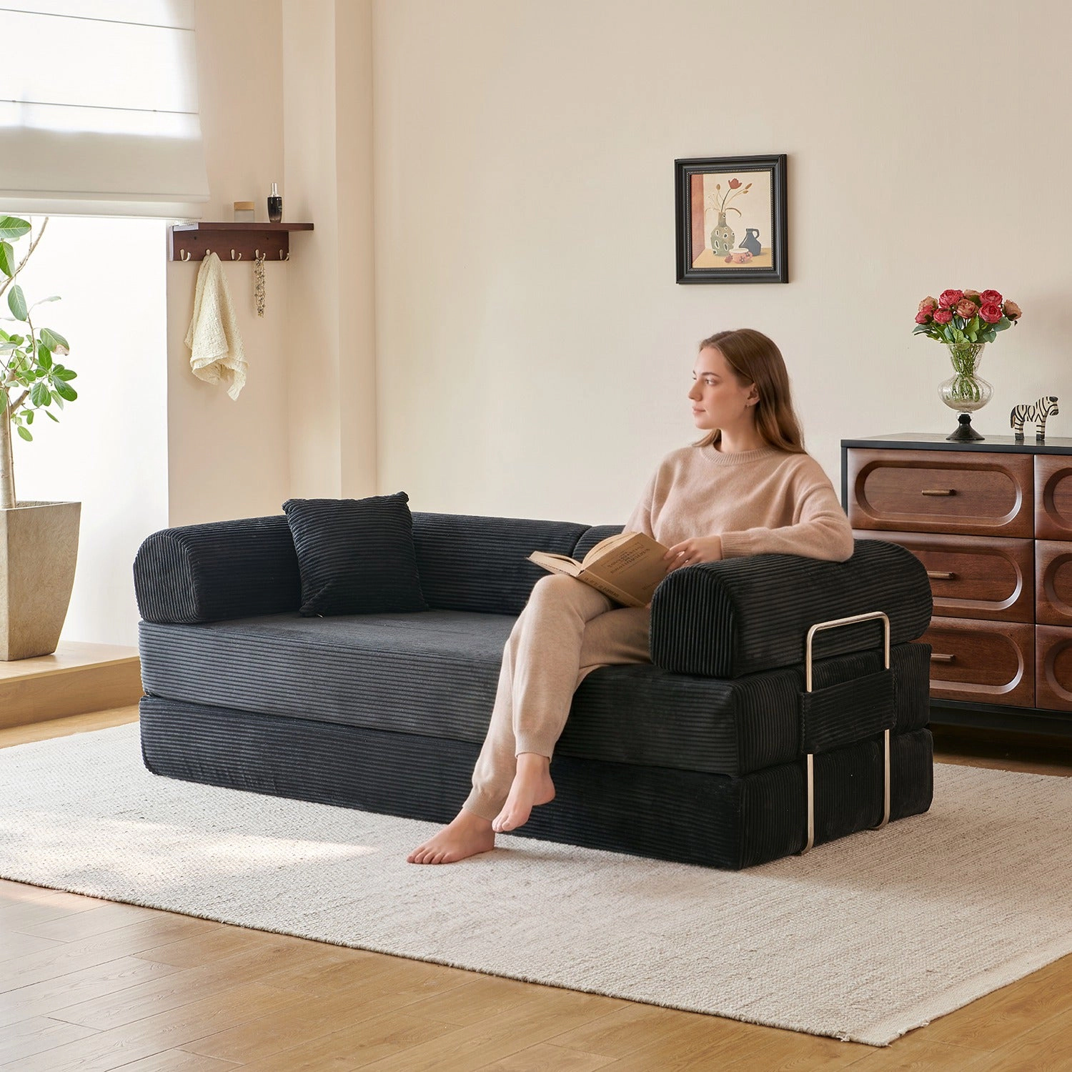 GBruno 3-Seat Convertible Corduroy Floor Sofa Bed