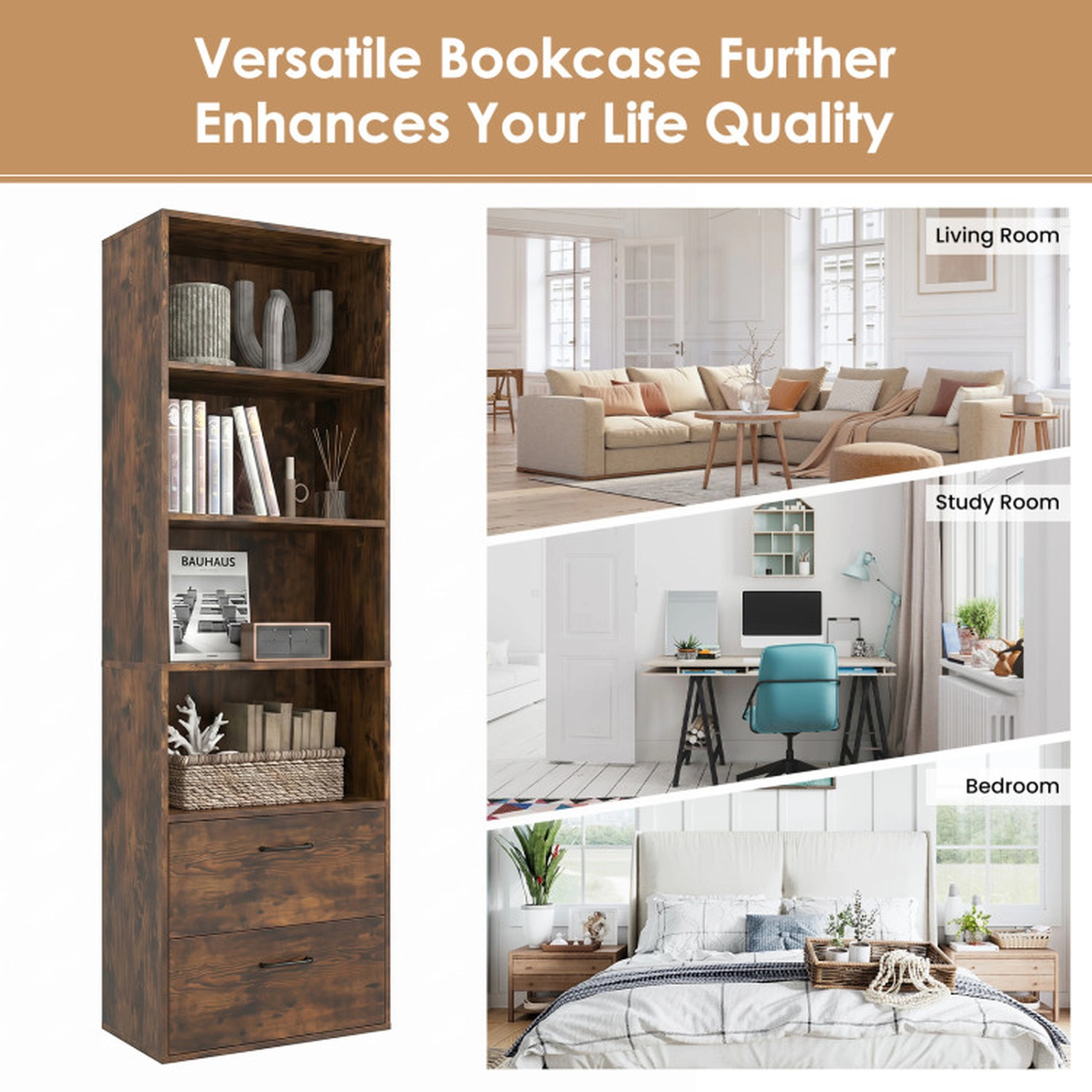 SUGIFT 6-Tier Rustic Brown 74-in Tall Freestanding Bookshelf with 2 Drawers and 4 Open Shelves for Office