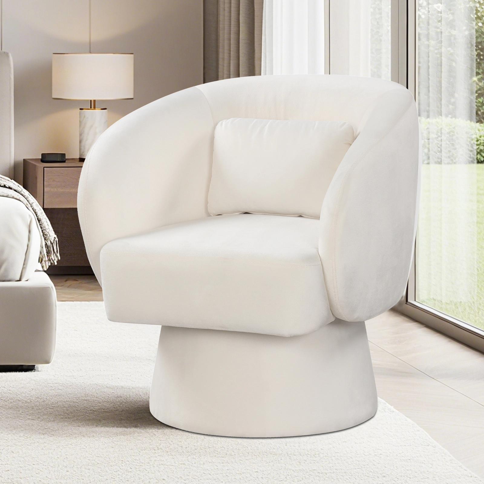 LJG Swivel Accent Chair Upholstered Barrel with Curved Back and Removable Lumbar Pillow