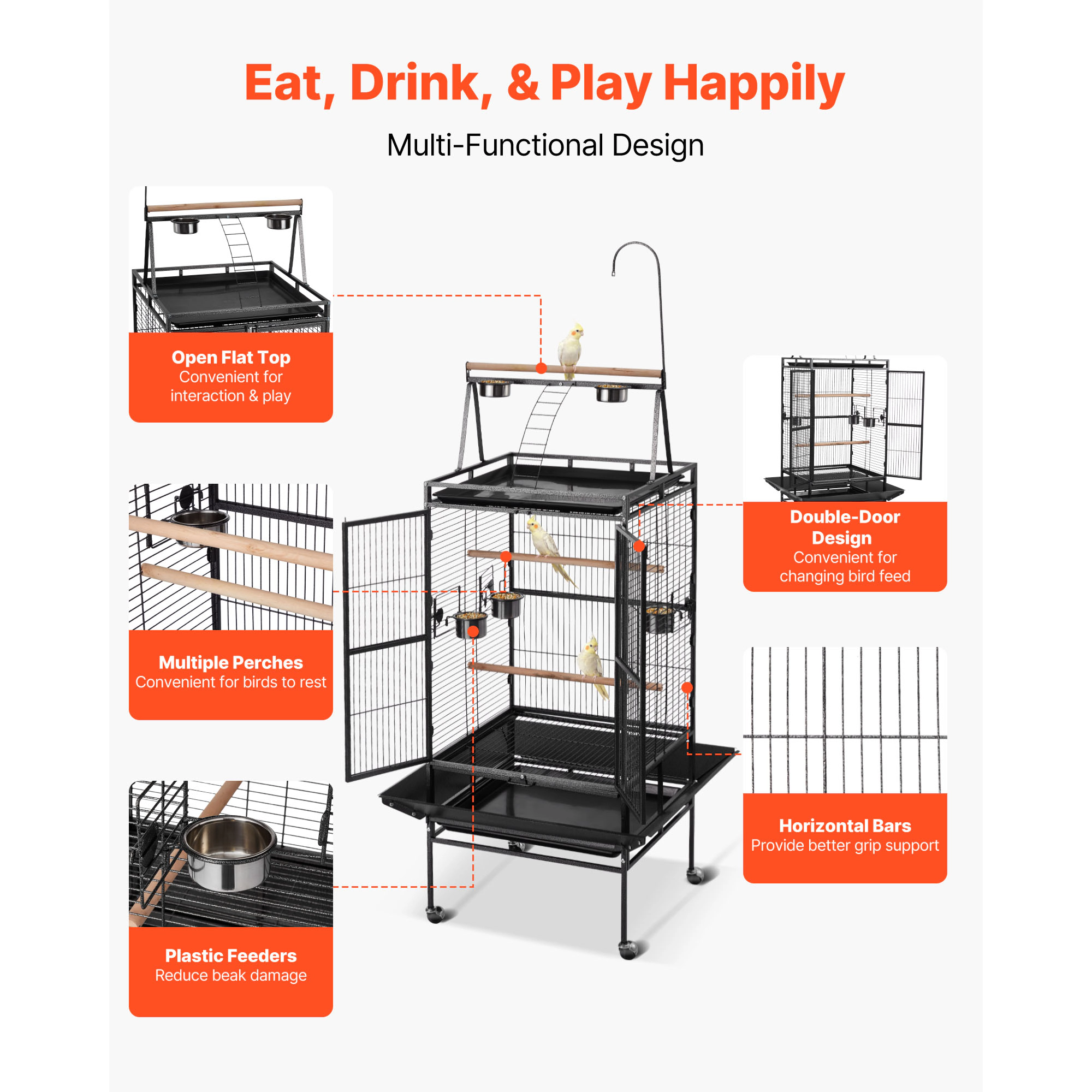 HONGGE Wrought Iron Bird Flight Cage, 32.7"L x 31.1"W x 82.7"H, Open-Top Design with Rolling Casters & Slide-Out Tray