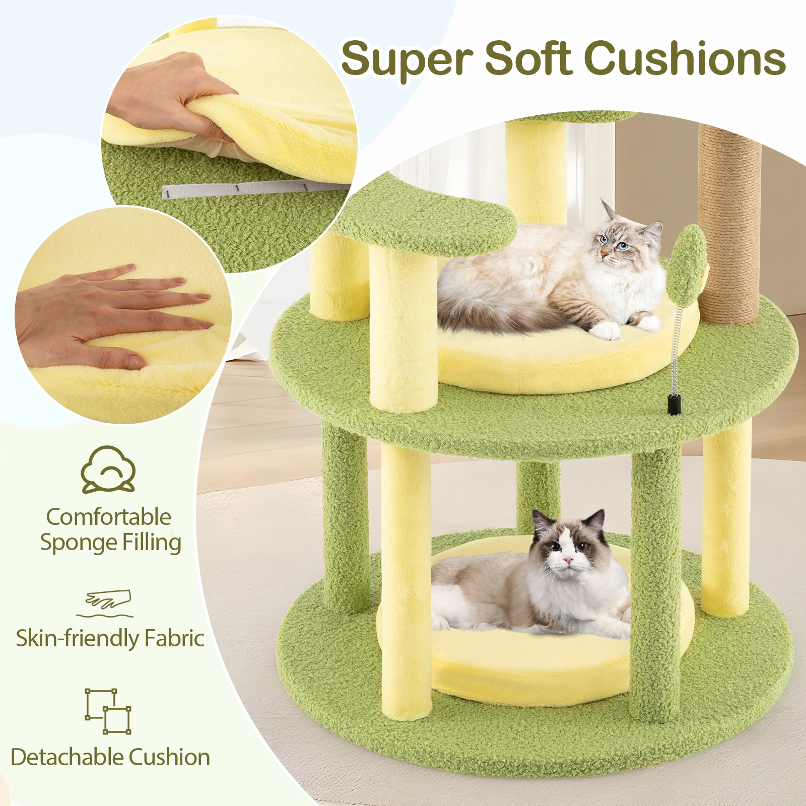 SUGIFT Multi-level Avocado Theme Cat Tree Tower with Wide Perch and Rotatable Basket 51-in Tall Multi-color Green