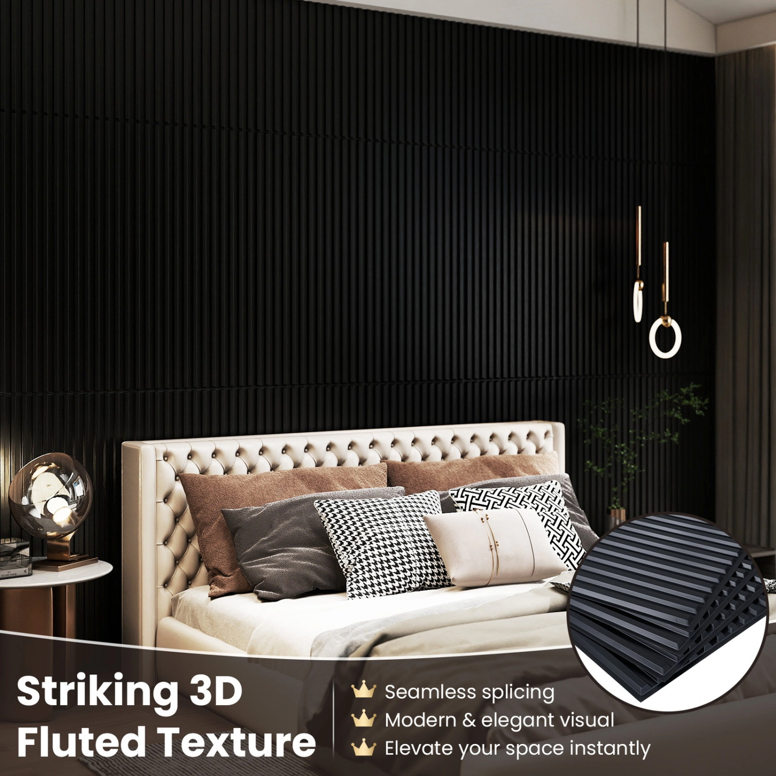 SUGIFT 12-Pack Waterproof PVC Fluted Slat Wall Panels 48-in x 24-in x 0.37-in 96 sq ft Coverage 20-lb Black