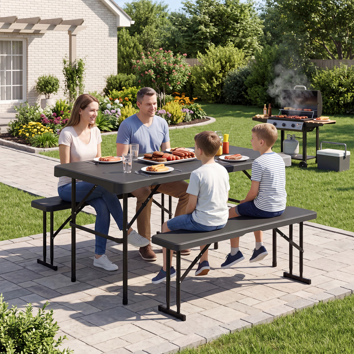 LJG Outdoor Folding Table Bench Set w All-Weather HDPE Tabletop and Sturdy Metal Frame