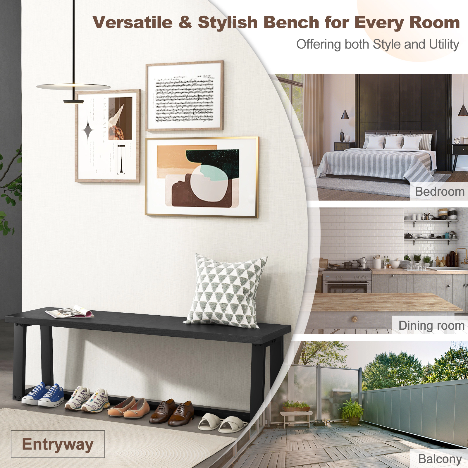 SlickBlue Unisex Acacia Wood Dining Bench, Black Storage Entryway Seat