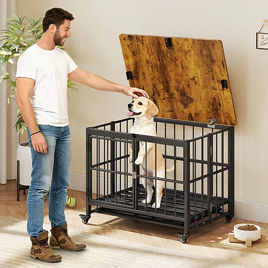 SUGIFT 38-in Rustic Brown Foldable Dog Crate Furniture with