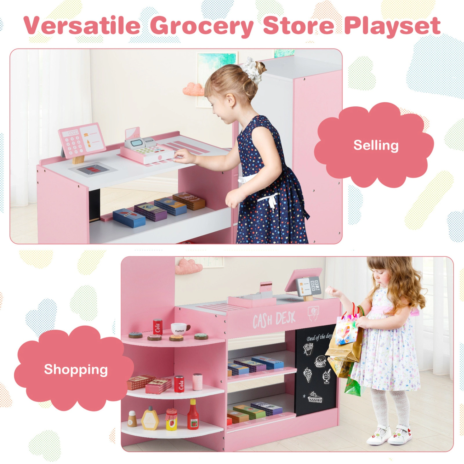 SUGIFT Kids Grocery Store Playset with Cash Register POS Machine 35-in Long 34.5-in Tall Ages 3-8 Gray