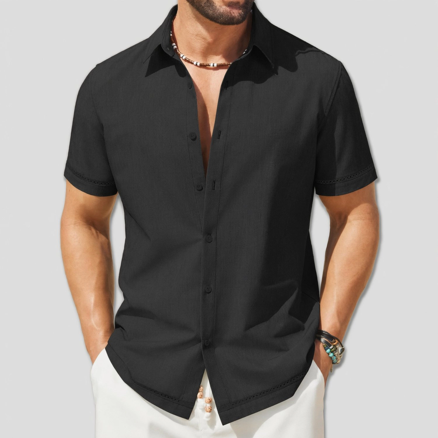 COOFANDY Mens Short Sleeve Button Down Shirts  Lapel Collar Eyelet Trim Tops