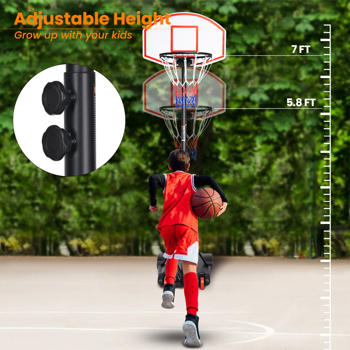SUGIFT 5.8-ft to 6.8-ft Adjustable Basketball Hoop Stand with 2 Front Wheels and Water Fillable Base