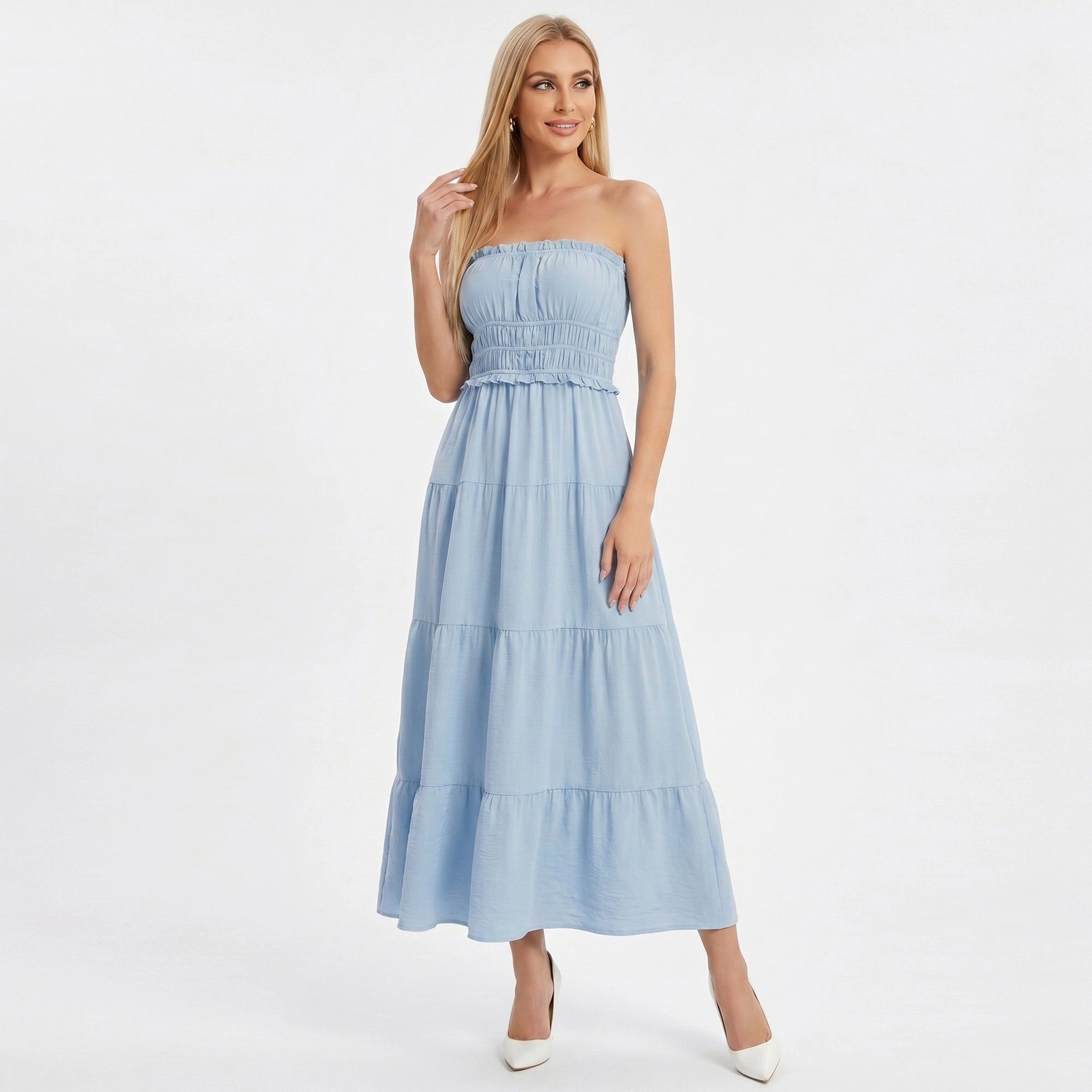 Anna-Kaci Women’s Strapless Smocked Maxi Dress with Tiered Skirt and Ruffle Trim