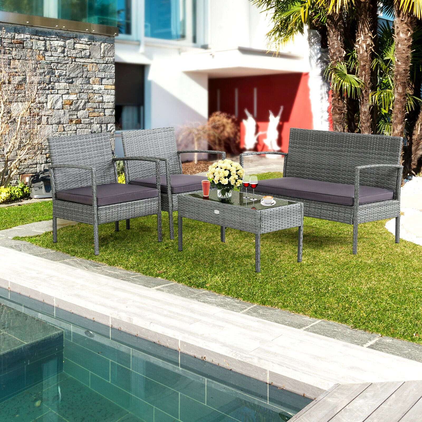 SUGIFT Gray Loveseat and Glass Coffee Table 4-Piece Outdoor Rattan Conversation Set