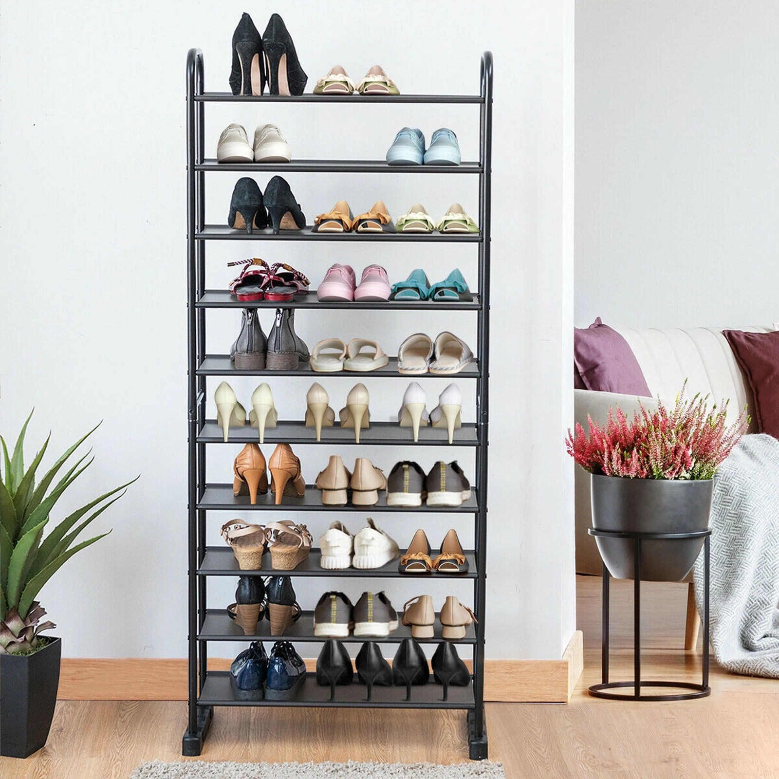 SUGIFT Compact 10-Tier Free-Standing Metal Shoe Rack Removable PP Layers 26 x 11.5 x 60-in 23.5 x 8-in Shelves Black