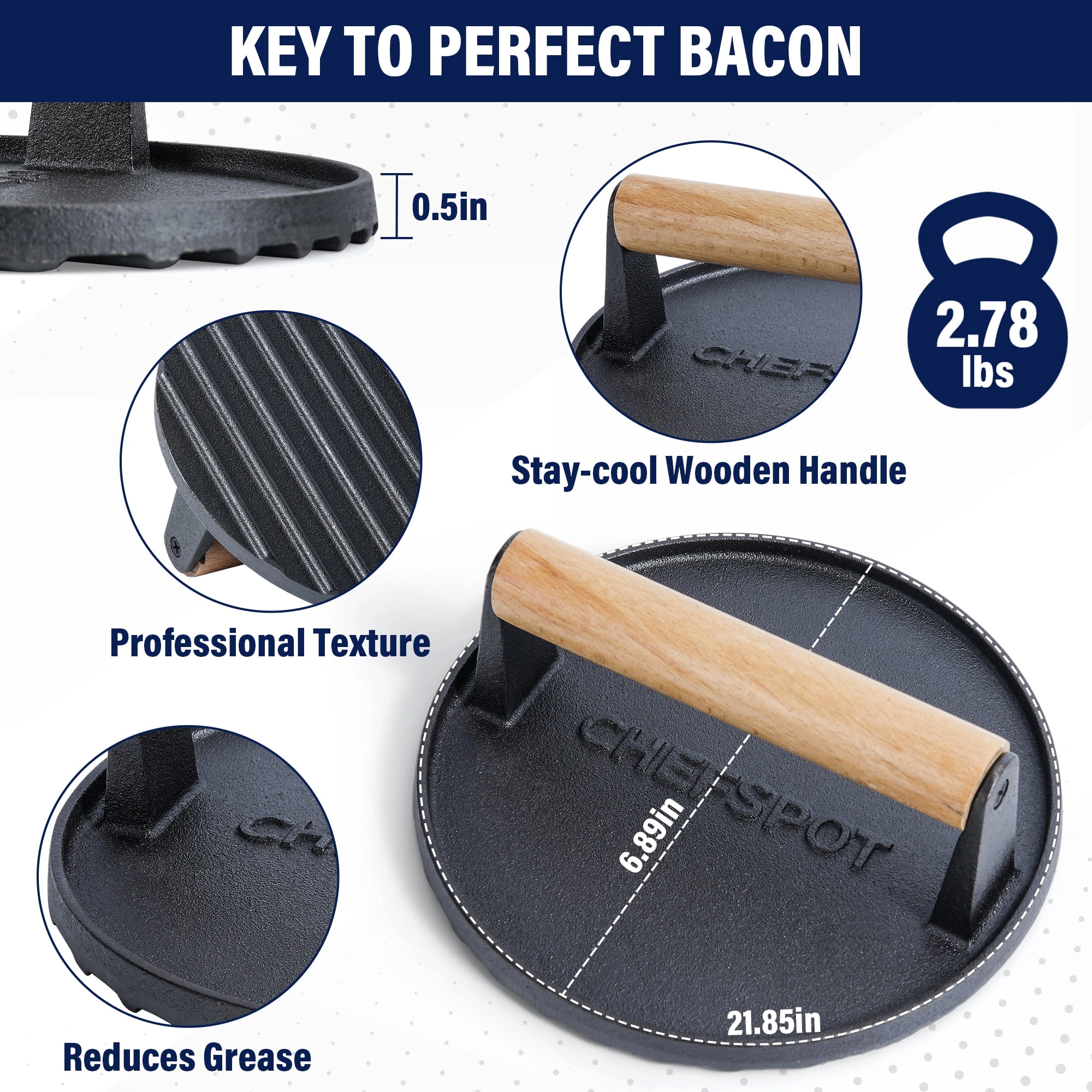 CHEFSPOT 7 Inch Cast Iron Burger Press With Wood Handle