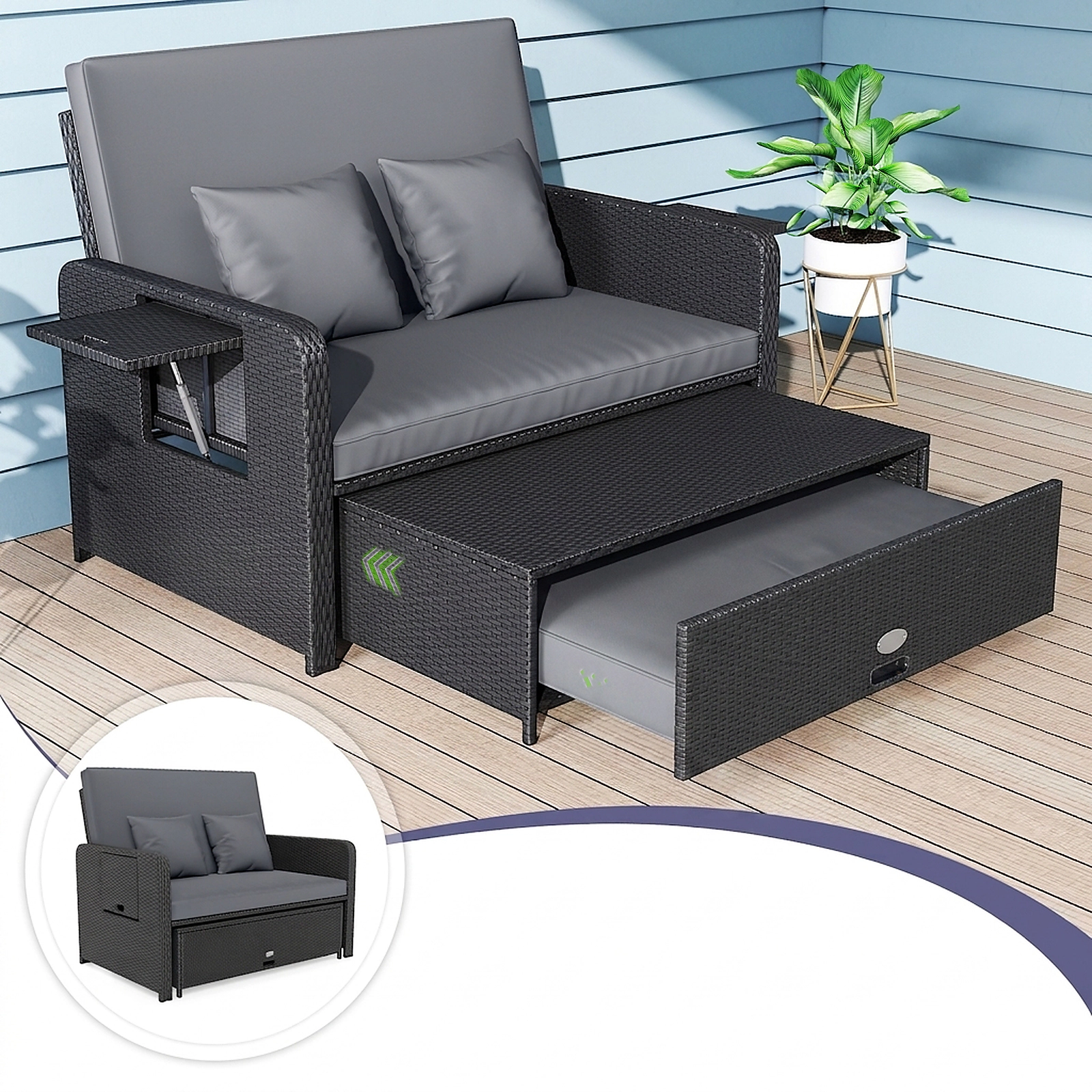 SUGIFT Black Wicker Outdoor Patio Daybed Loveseat, 4-Level Adjustable Backrest, 2 Side Tables