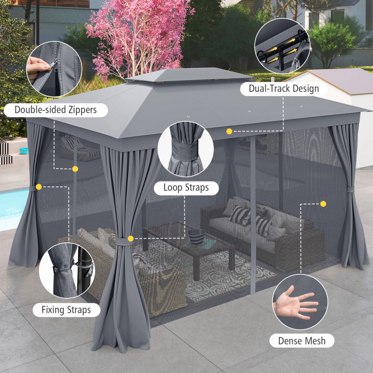 Hivvago 10 x 13 Feet Patio Gazebo Double-Roof with Mesh Netting and Privacy Curtains