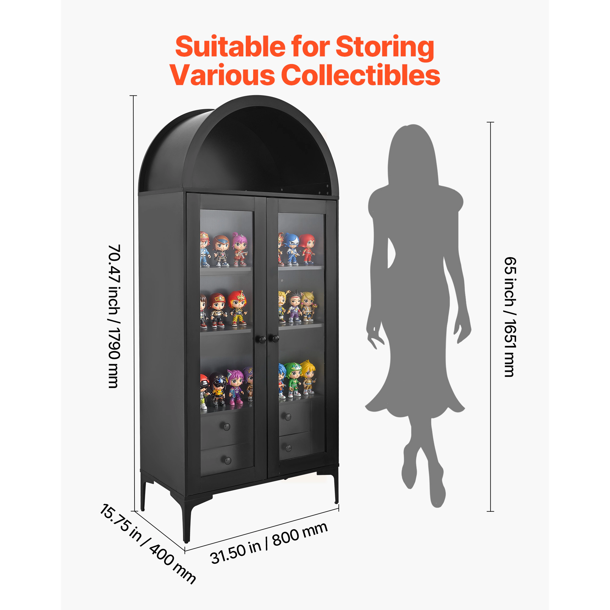 HONGGE Display Cabinet with Glass, 4-Tier Display Case, Storage Cabinet with Adjustable Shelves for Collectibles
