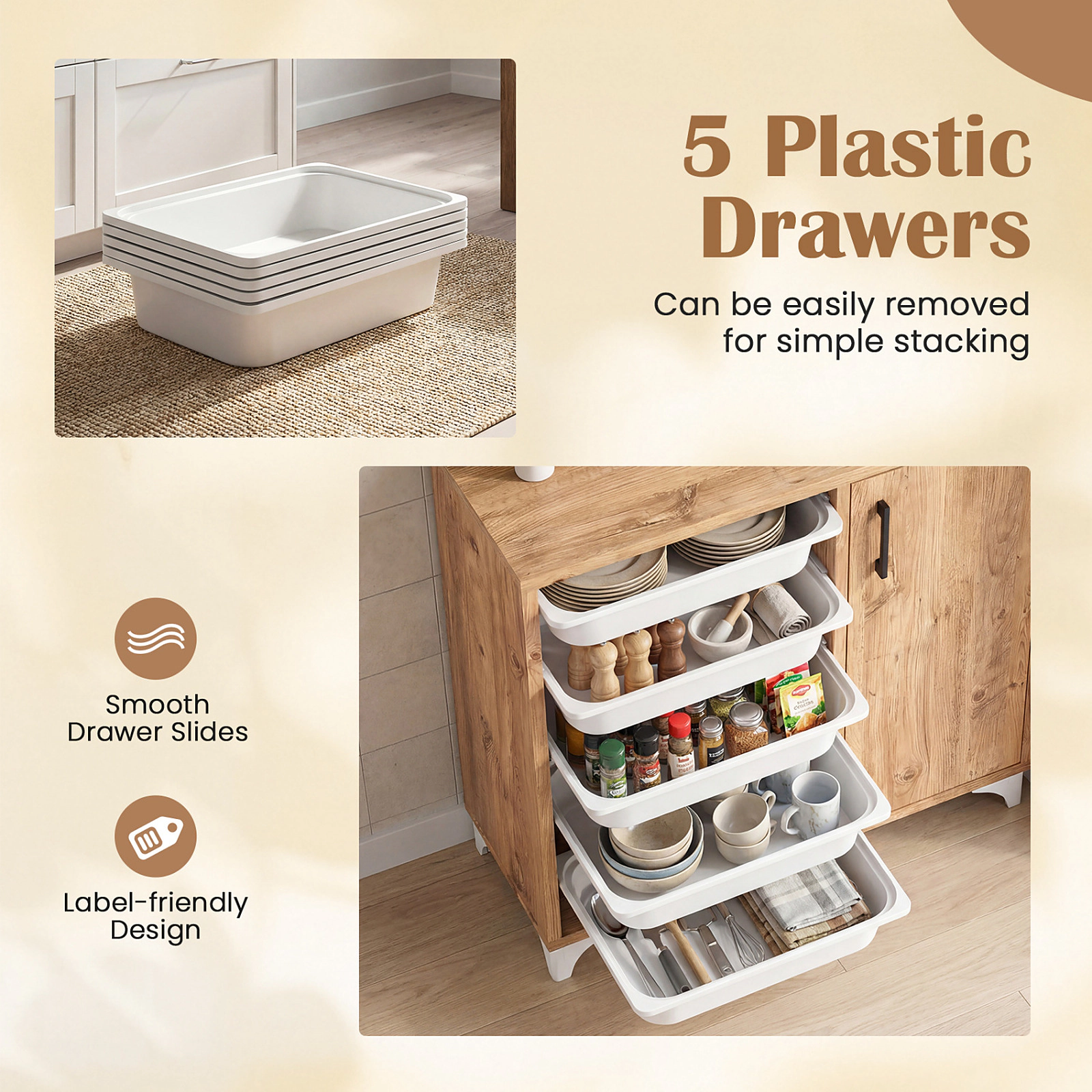 SUGIFT 5-Drawer Removable Bins Single Door Buffet Sideboard 30.5-in x 12-in x 30.5-in 40-lb Net Weight Natural