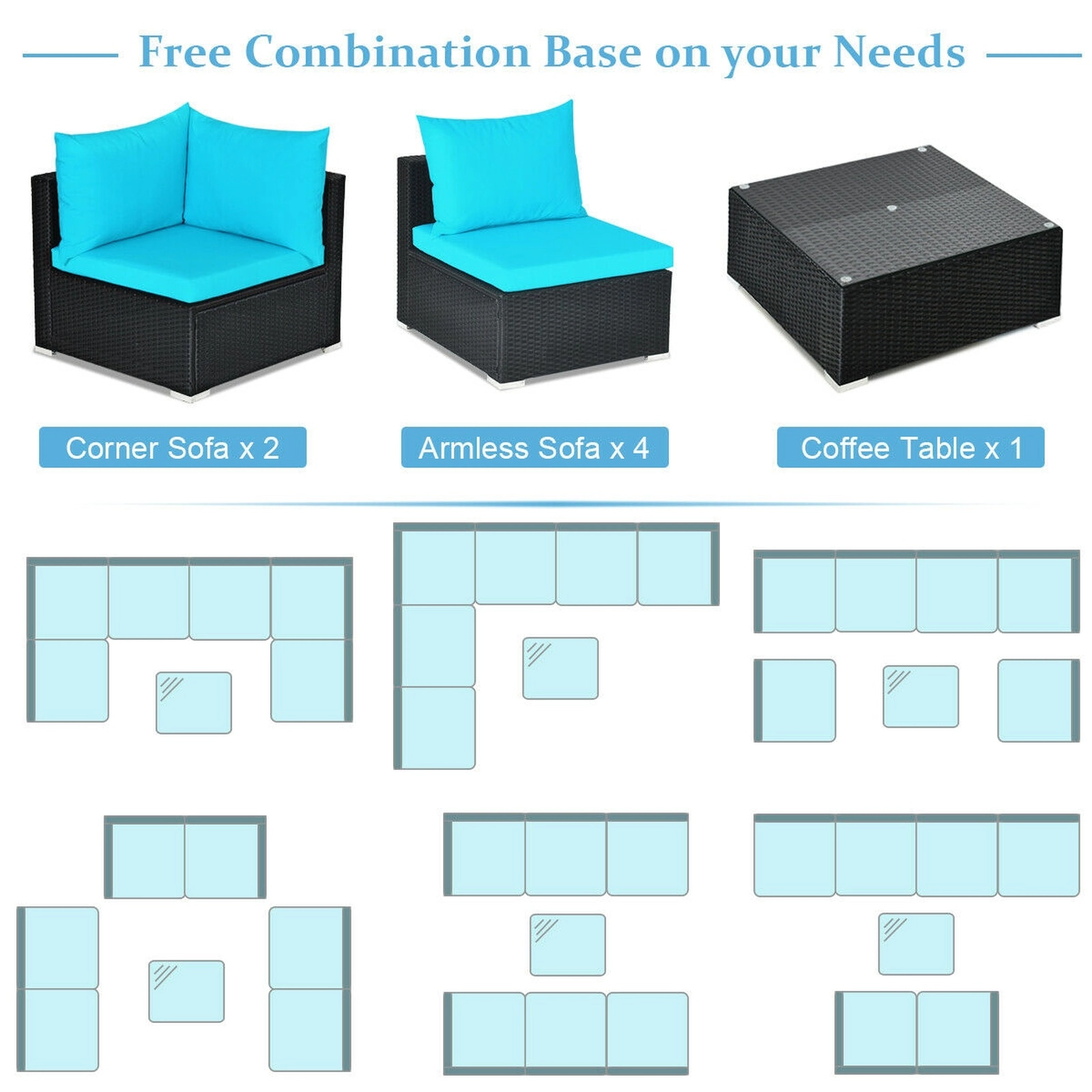 SUGIFT 7-Piece Blue Wicker Patio Sectional Sofa Set with Glass Table
